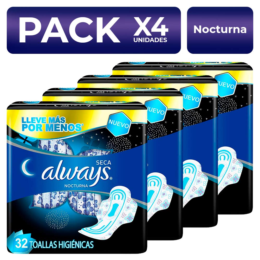 Toallas Higiénicas Always Nocturna Seca con Alas 32un PackX4
