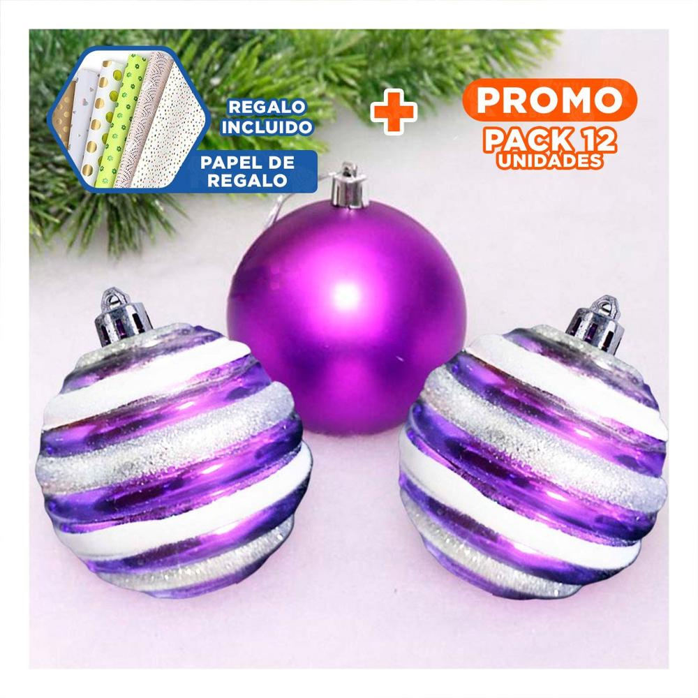 Pack12 Esferitas Navidenas Moderno a Rayas Morado Y+Papel de Regalo