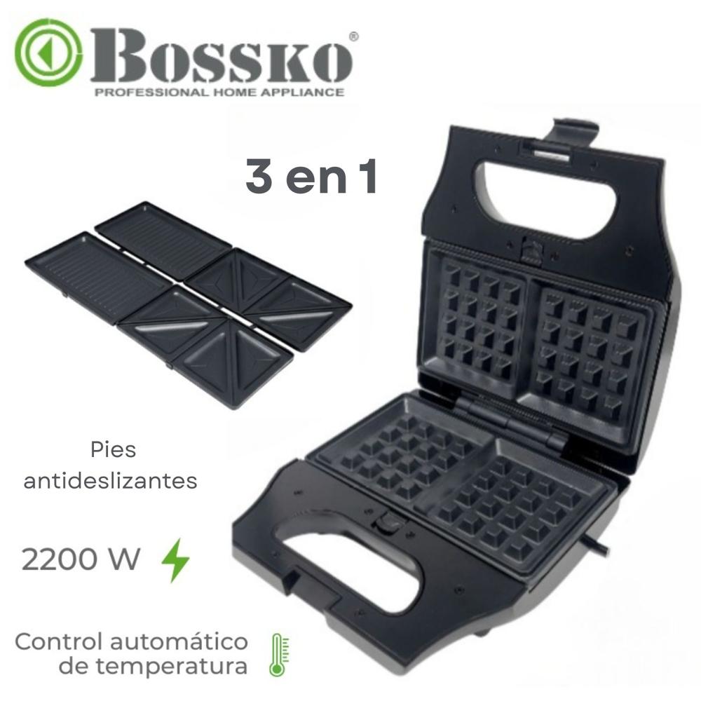 Sandwichera Bossko Intercambiables para Waffles y Grill 3 en 1 Negro