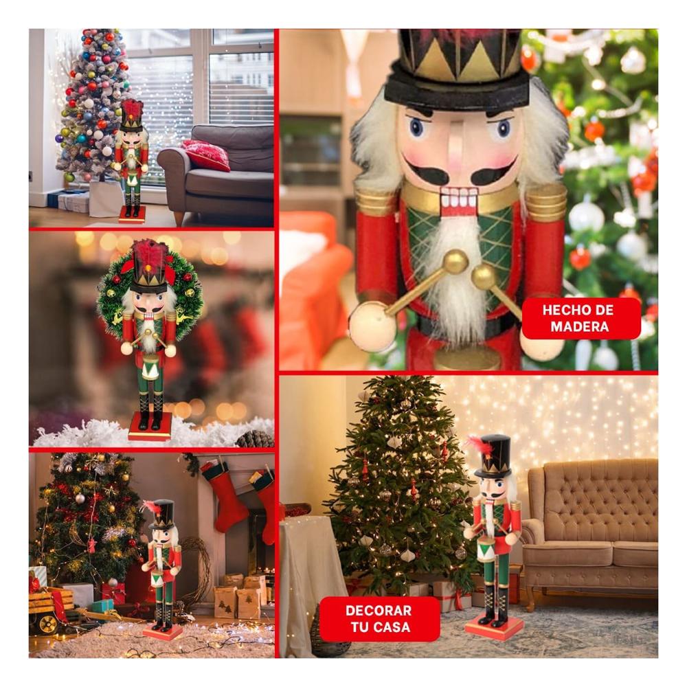 Cascanuez con Sombrero con Pluma y Tambor en Rojo y Verde