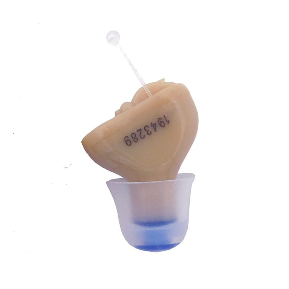 Mini Audifono a pilas para sordera. Lado izquierdo. Color beige.