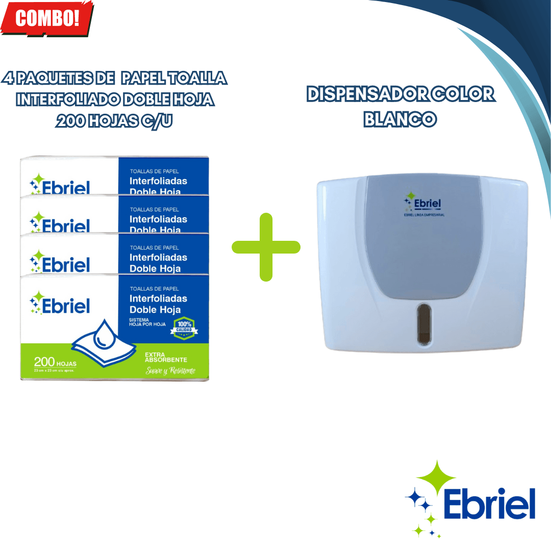 4 PAQUETES DE PAPEL TOALLA INTERFOLIADO DOBLE HOJA 200 HOJAS C/U + DISPENSADOR COLOR BLANCO