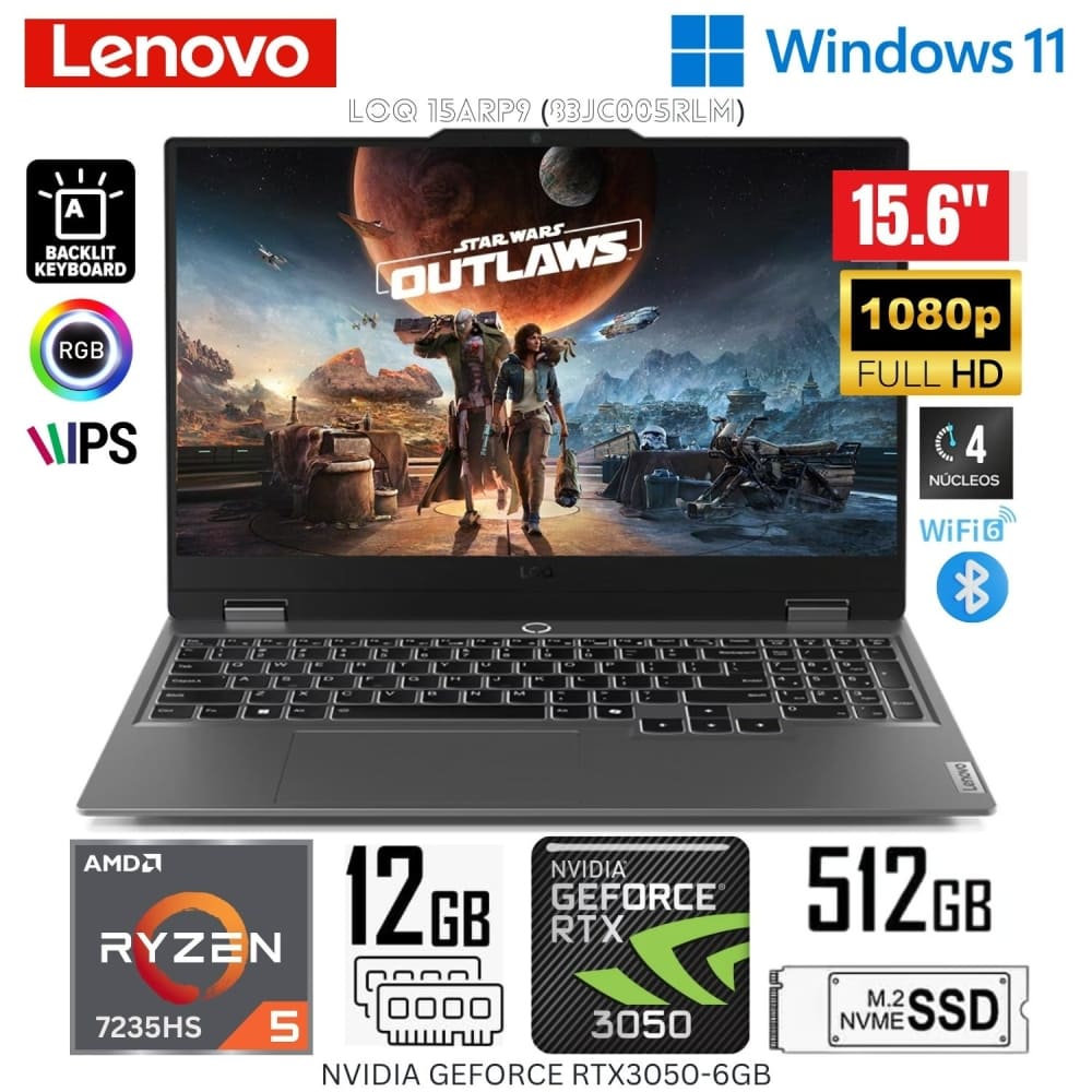 Laptop Lenovo Loq R5-7235Hs 12Gb Ram Ddr5 512Gb Ssd 6Gb Rtx 3050 15.6 Pulg Fhd