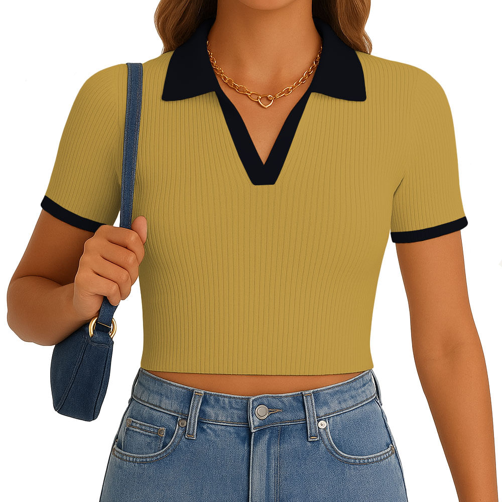 Polo Mujer Camisero Bicolor Manga Corta Rib Grueso New 710-13 Color Mostaza