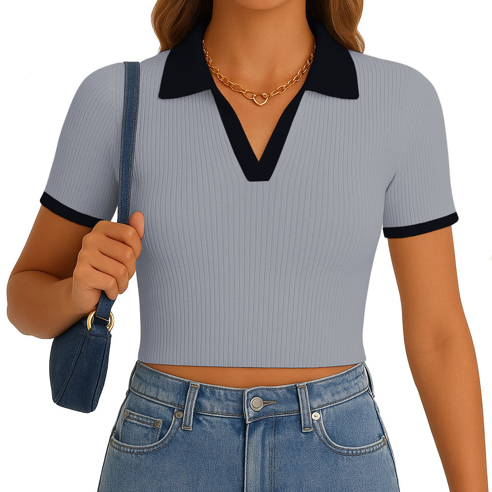 Polo Mujer Camisero Bicolor Manga Corta Rib Grueso New 710-13 Color Gris