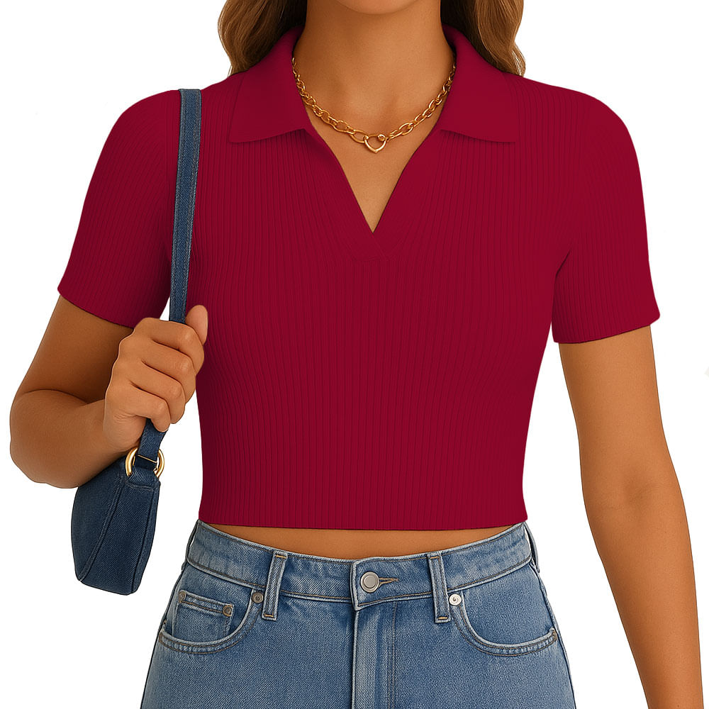 Polo Mujer Camisero Manga Corta New 710-13 Rib Grueso Color Vino