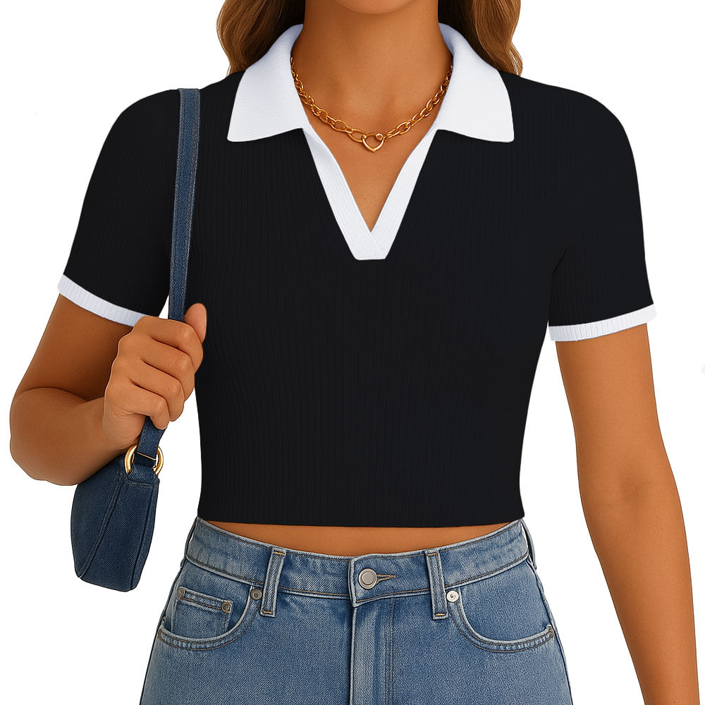 Polo Mujer Camisero Bicolor Manga Corta Rib Grueso New 710-13 Color Negro
