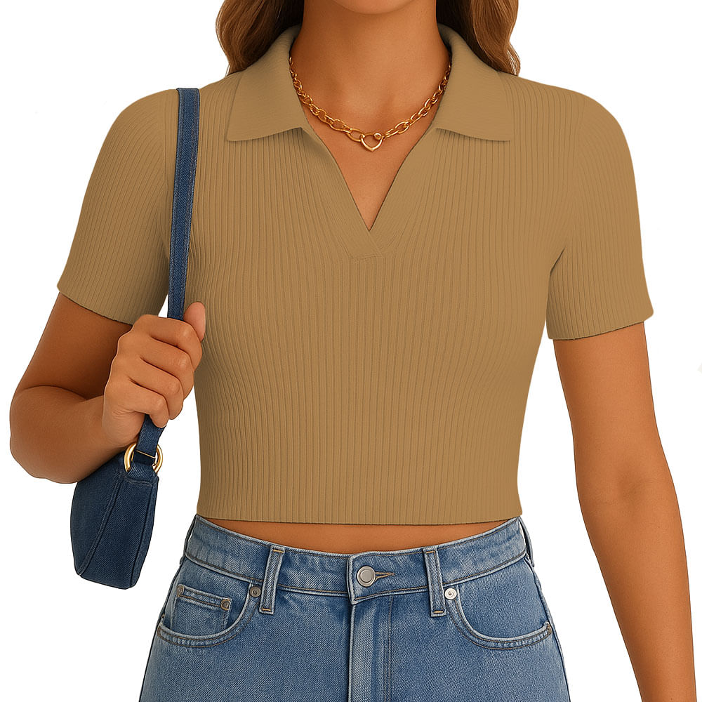 Polo Mujer Camisero Manga Corta New 710-13 Rib Grueso Color Toffy