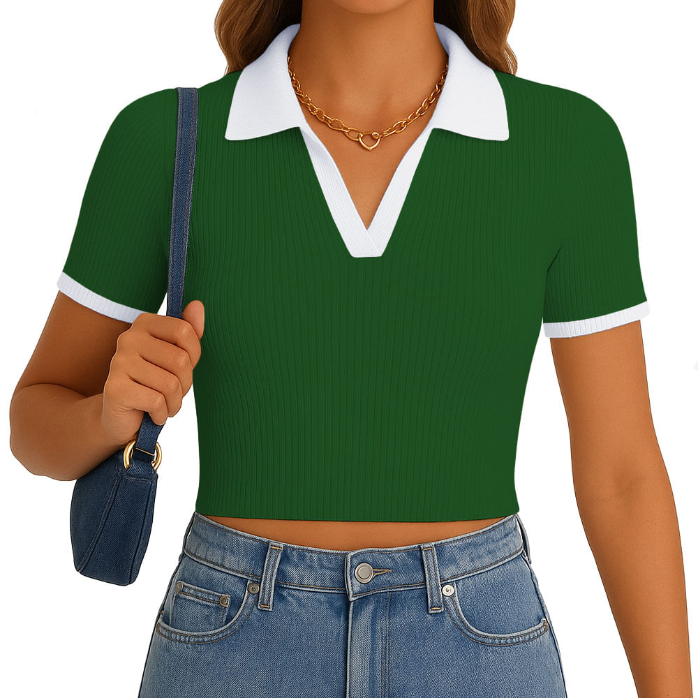 Polo Mujer Camisero Bicolor Manga Corta Rib Grueso New 710-13 Color Verde