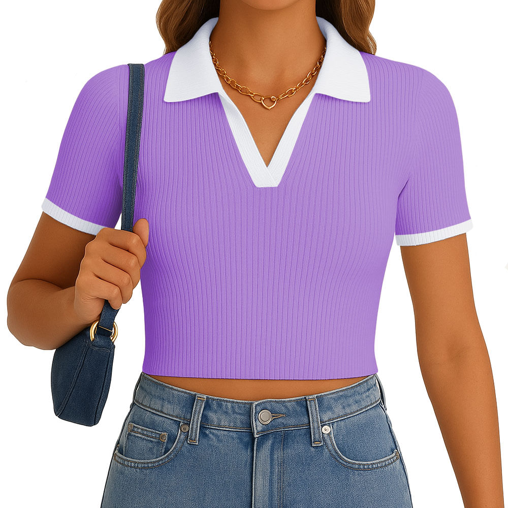 Polo Mujer Camisero Bicolor Manga Corta Rib Grueso New 710-13 Color Lila