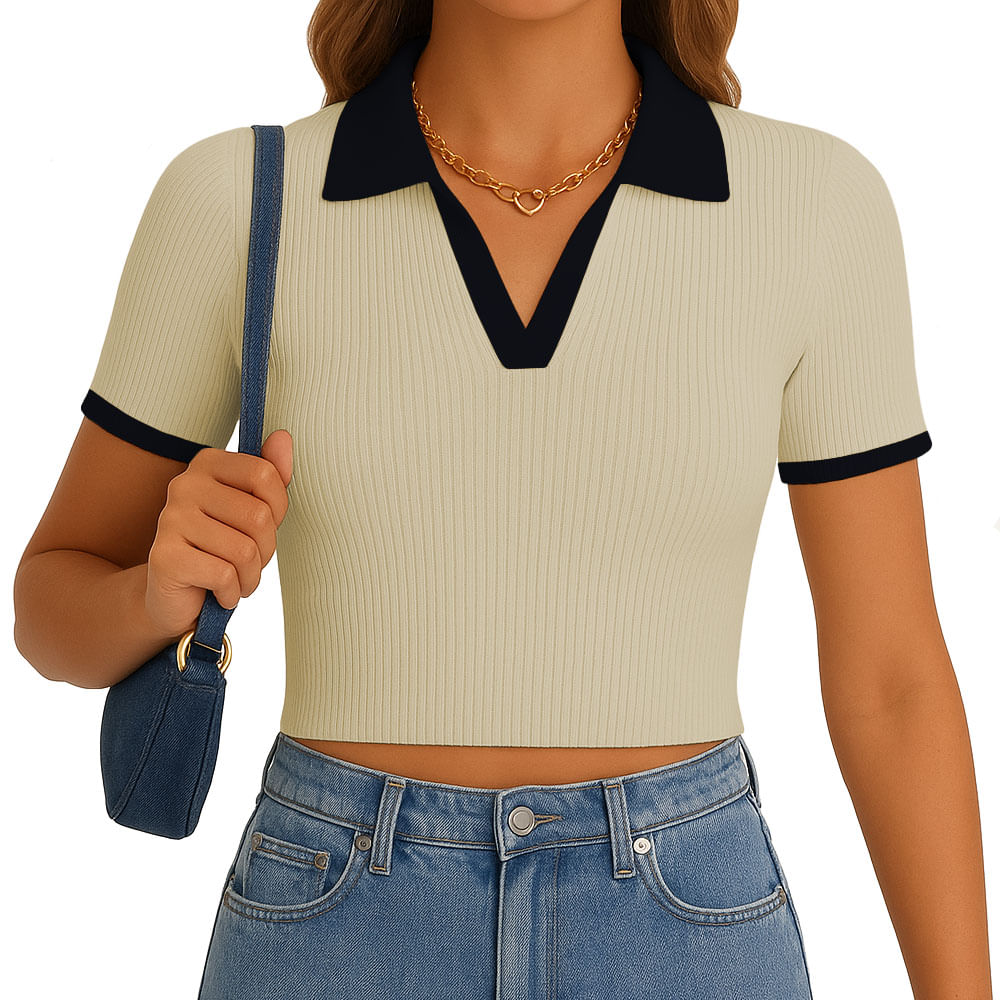 Polo Mujer Camisero Bicolor Manga Corta Rib Grueso New 710-13 Color Beige