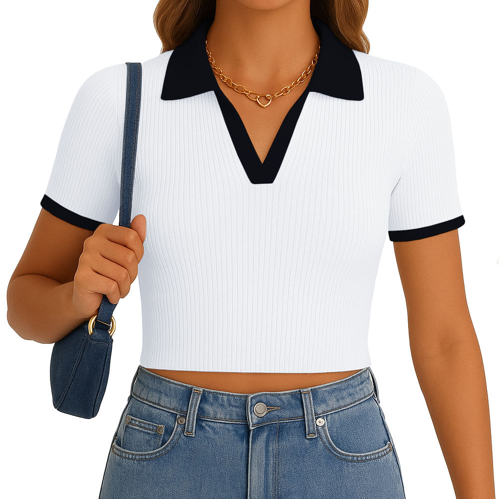 Polo Mujer Camisero Bicolor Manga Corta Rib Grueso New 710-13 Color Blanco