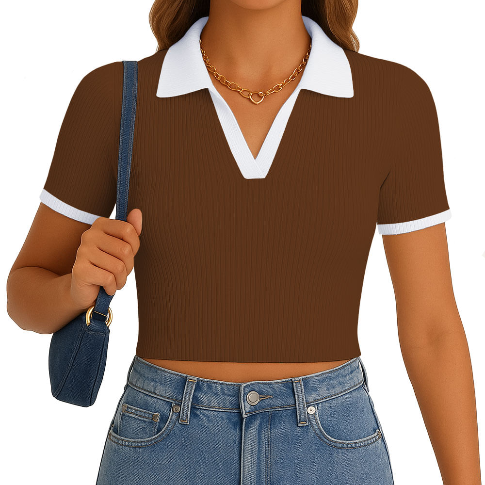 Polo Mujer Camisero Bicolor Manga Corta Rib Grueso New 710-13 Color Marron