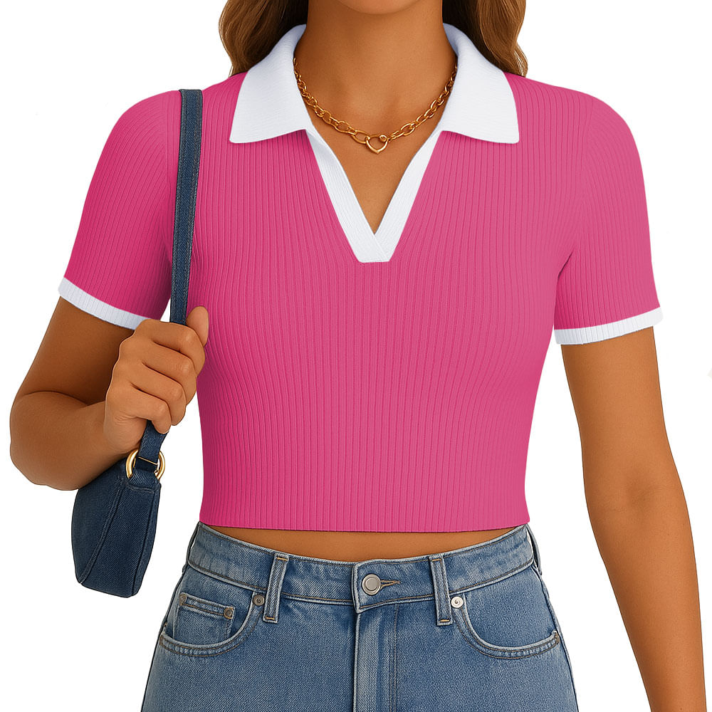 Polo Mujer Camisero Bicolor Manga Corta Rib Grueso New 710-13 Color Rosado