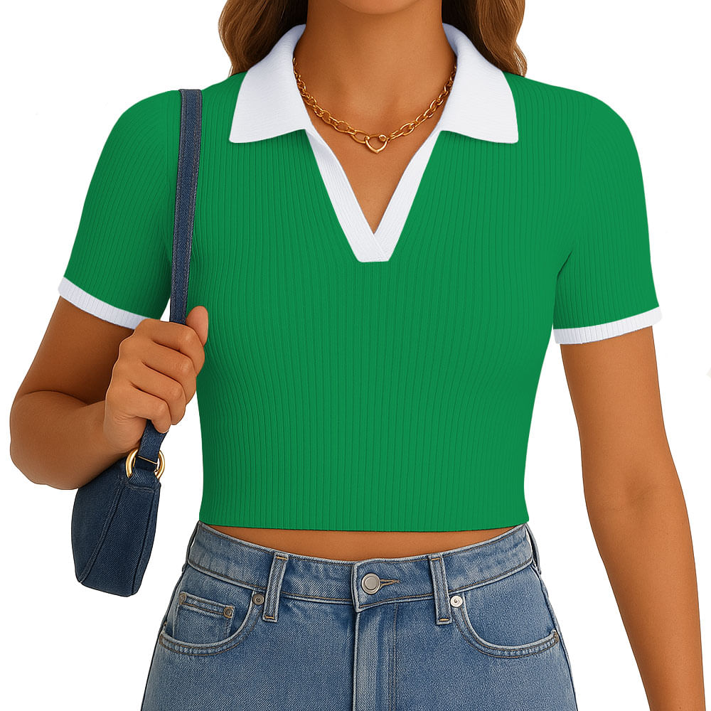 Polo Mujer Camisero Bicolor Manga Corta Rib Grueso New 710-13 Color Perico