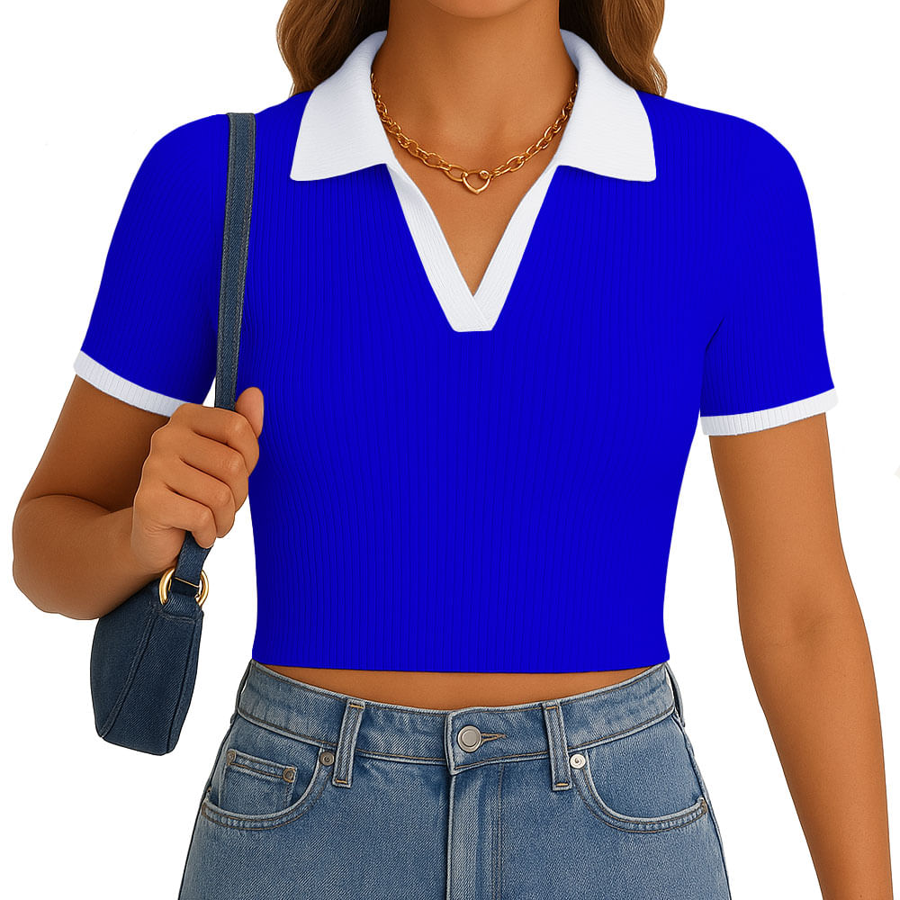 Polo Mujer Camisero Bicolor Manga Corta Rib Grueso New 710-13 Color Azul