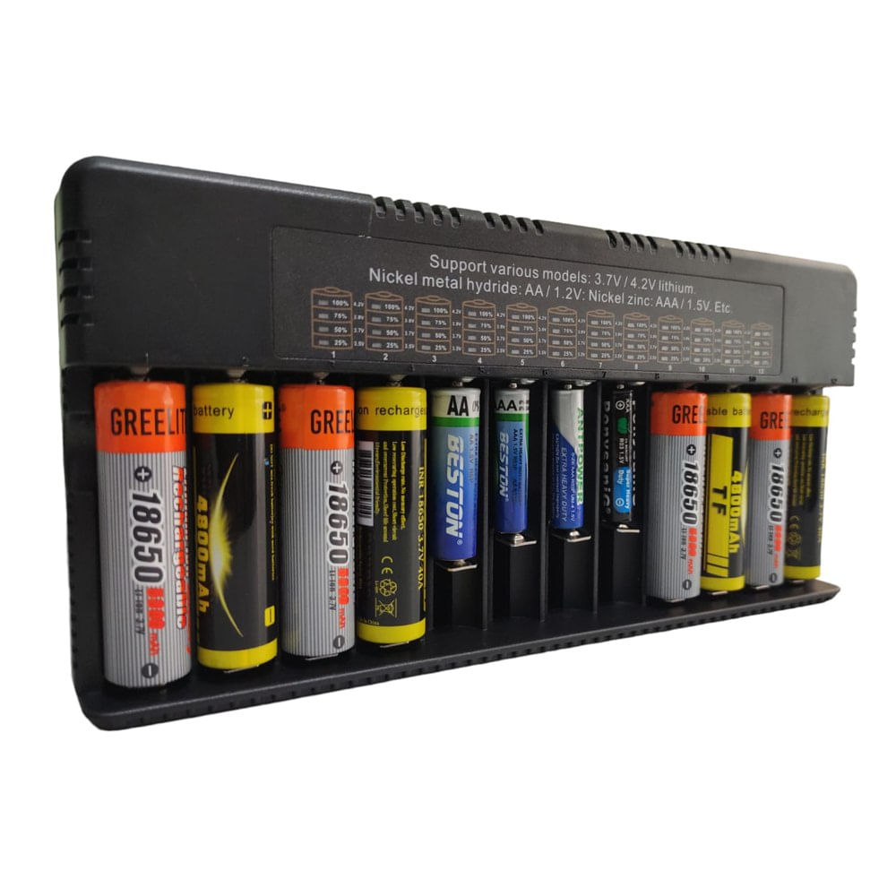 Cargador de Pilas Baterías Recargables 12 Puestos AA AAA 18650 26650
