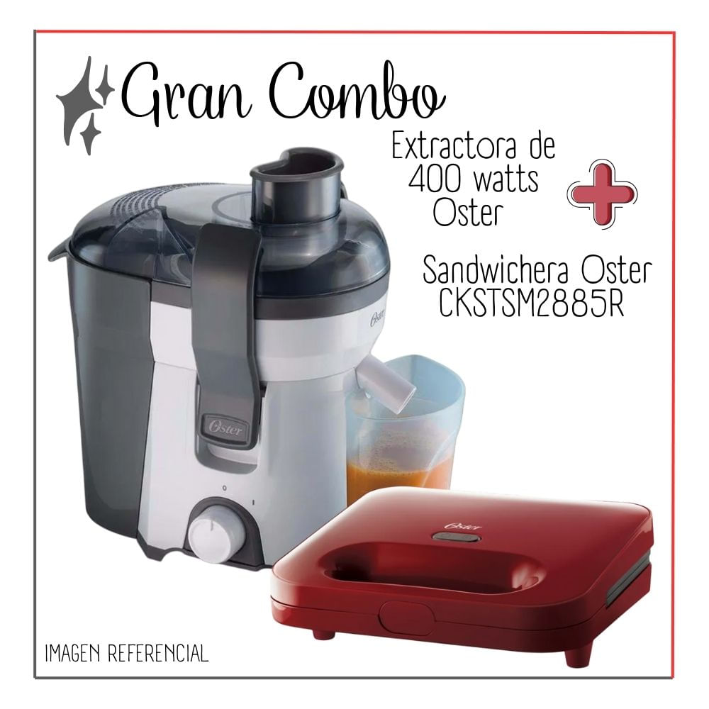 COMBO OSTER EXTRACTOR DE JUGOS OSTER 400 WATTS PLOMO  + SANDWICHERA OSTER COMPACTA - ROJO