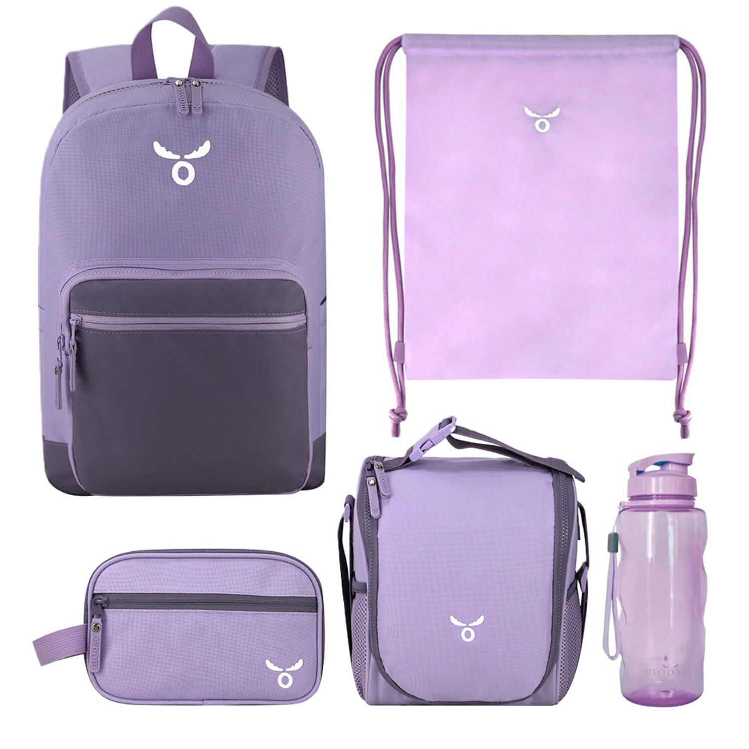 Set Mochila + Bolsa Aseo + Lonchera + Cartuchera + Tomatodo Moose Florida Lila