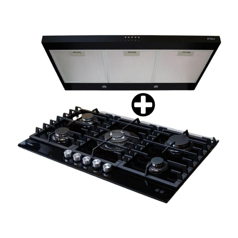 COMBO FDV: Cocina Encimera a Gas 5 Quemadores Chef Glass 90 + Campana Extractora Class Acero Inoxidable 90cm Negro
