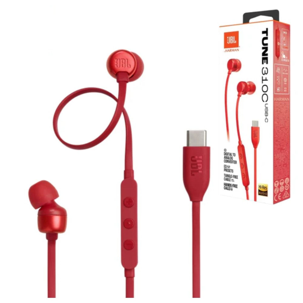 FU JBL Audifonos USB-C HI-RES Extra Bass Ecualizador Tune 310C - Rojo