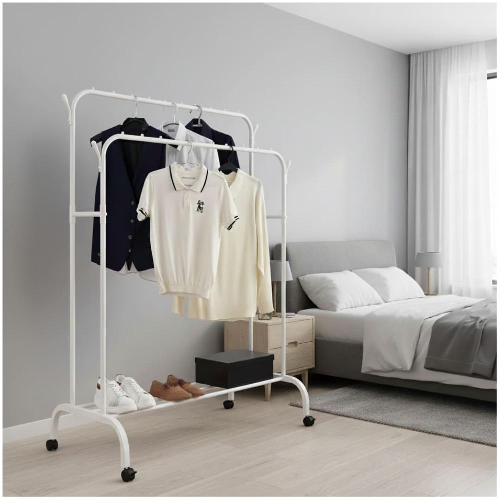 Colgador Perchero Organizador de Ropa Doble Barra de Metal con Ruedas 150x110x57cm Blanco