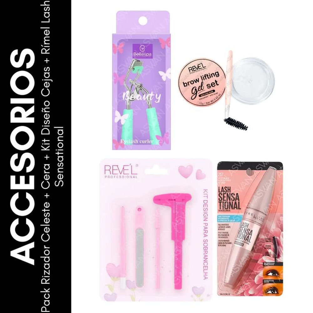 Pack Rizador Celeste + Cera + Kit Diseño Ceja + Rímel Lash Sensational