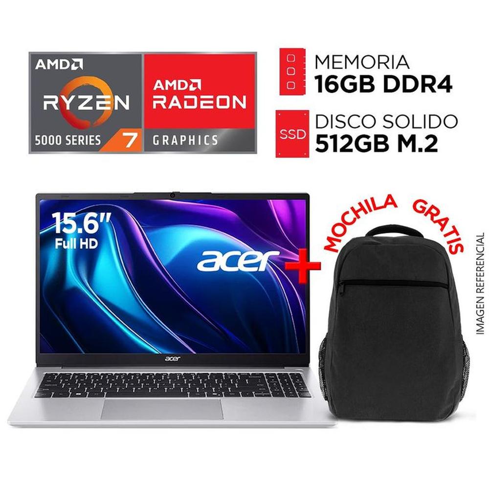 LAPTOP ACER RYZEN 7 5700U RAM 16GB SSD 512GB 15.6 FULL HD CON MOCHILA