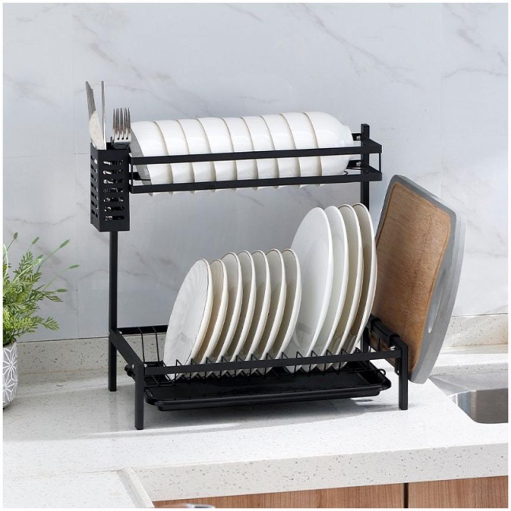Escurridor de Platos Vasos Acero al Carbono 2 Niveles con Bandeja de Drenaje 40.5x42x25cm Negro
