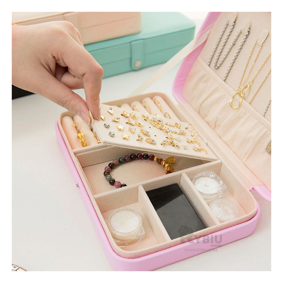 Joyero Modelo Organizador en Color Rosado Y+Papel de Regalo