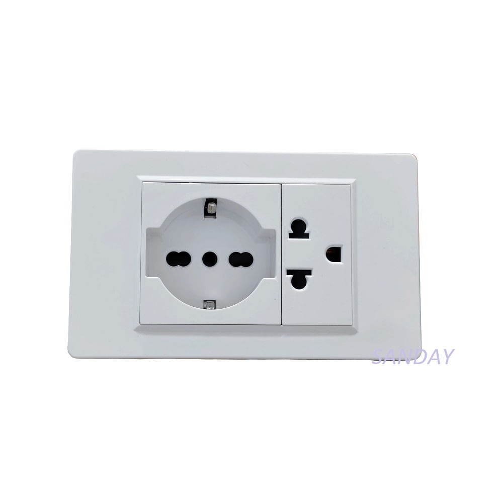 TOMACORRIENTE DOBLE 01 SCHUKO Y 01 UNIVERSAL CON TIERRA PLACA BLANCA Y DADOS BLANCOS SANDAY TOMACORRIENTE DOBLE 01 SCHUKO Y 01 UNIVERSAL CON TIERRA PLACA BLANCA Y DADOS BLANCOS SANDAY