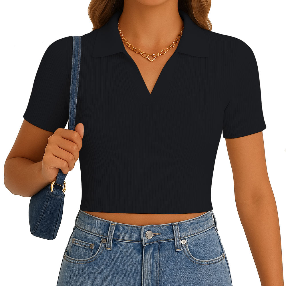 Polo Mujer Camisero Manga Corta New 710-13 Rib Grueso Color Negro