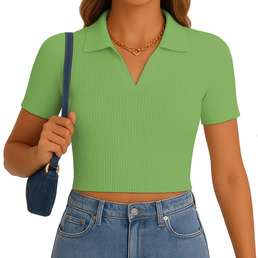 Polo Mujer Camisero Manga Corta New 710-13 Rib Grueso Color Verde