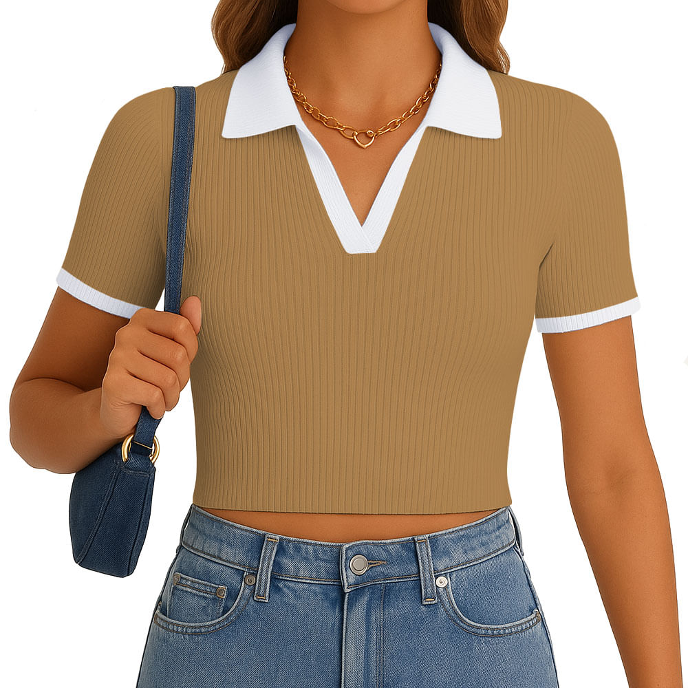 Polo Mujer Camisero Bicolor Manga Corta Rib Grueso New 710-13 Color Caramelo