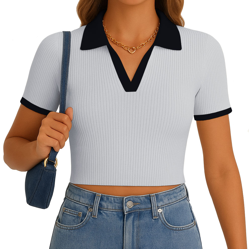 Polo Mujer Camisero Bicolor Manga Corta Rib Grueso New 710-13 Color Melange