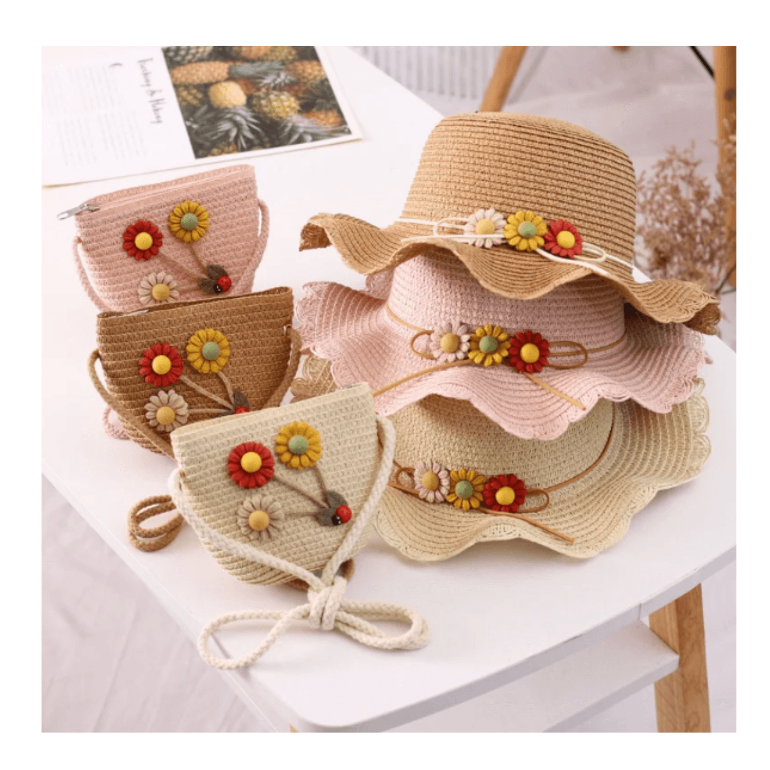 Sombrero de Niña Dulce Flor mas Cartera Rosa Bebe