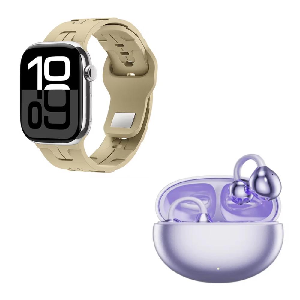 SMARTWATCH HK10 MINI PLUS BEIGE Y AUDÍFONOS Q87 TIPO ARETE LILA