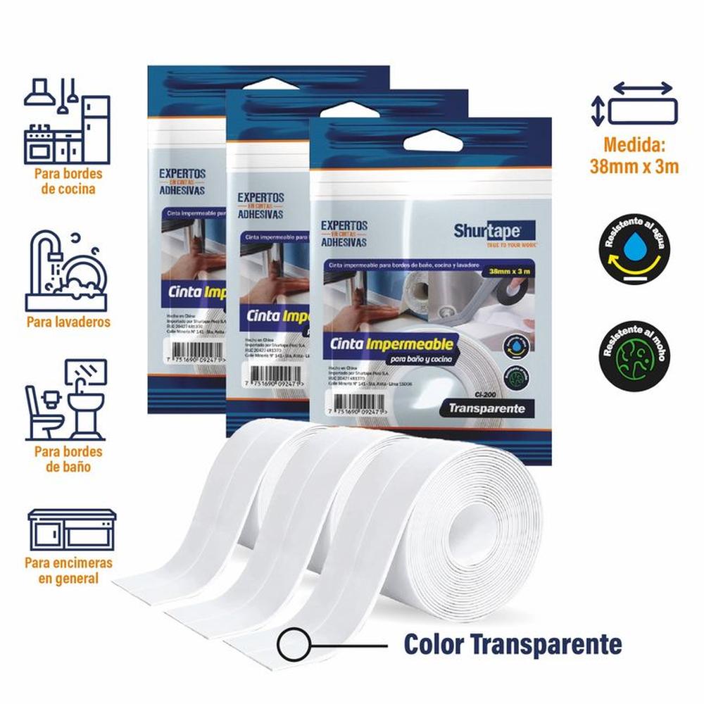 Cinta Impermeable Transp Pack x3 und - para baño y cocina 38mm x 3m Cinta Impermeable Transp Pack x3 und - para baño y cocina 38mm x 3m