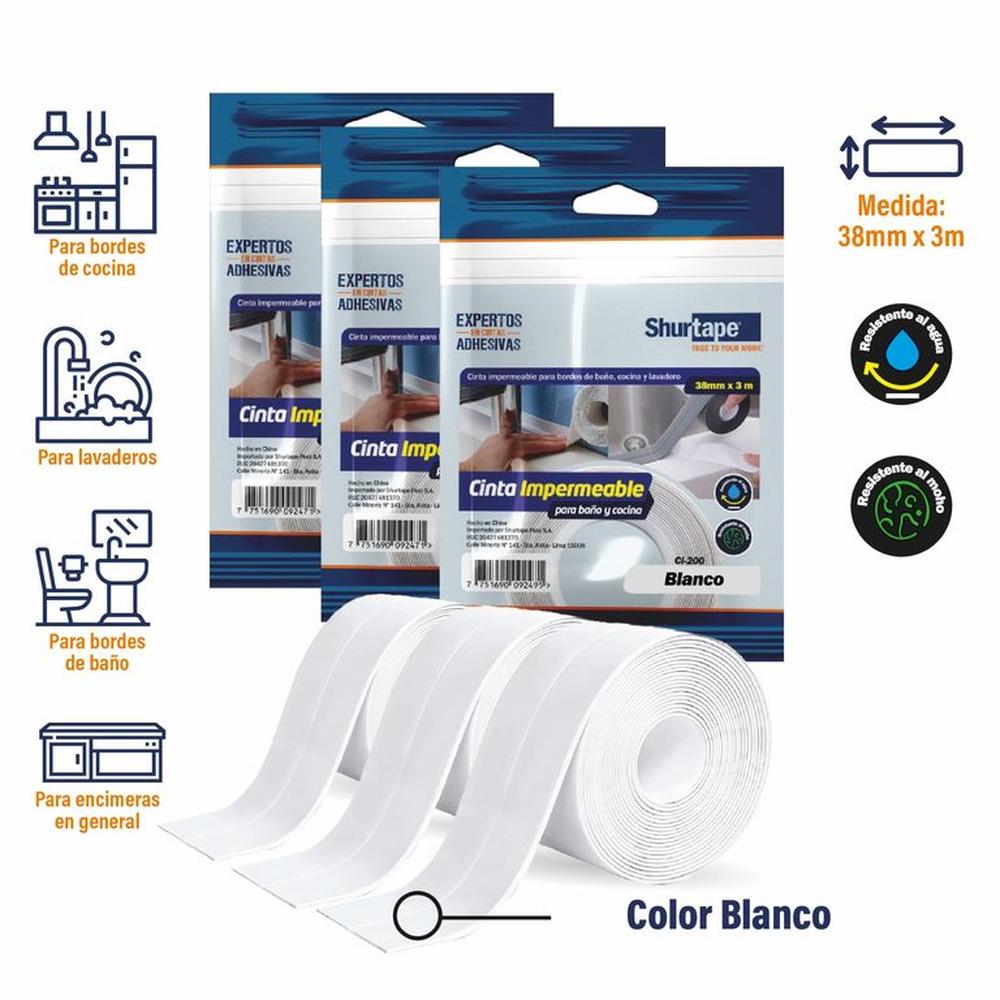 Cinta Impermeable Blanco Pack x3 und - para baño y cocina 38mm x 3m Cinta Impermeable Blanco Pack x3 und - para baño y cocina 38mm x 3m
