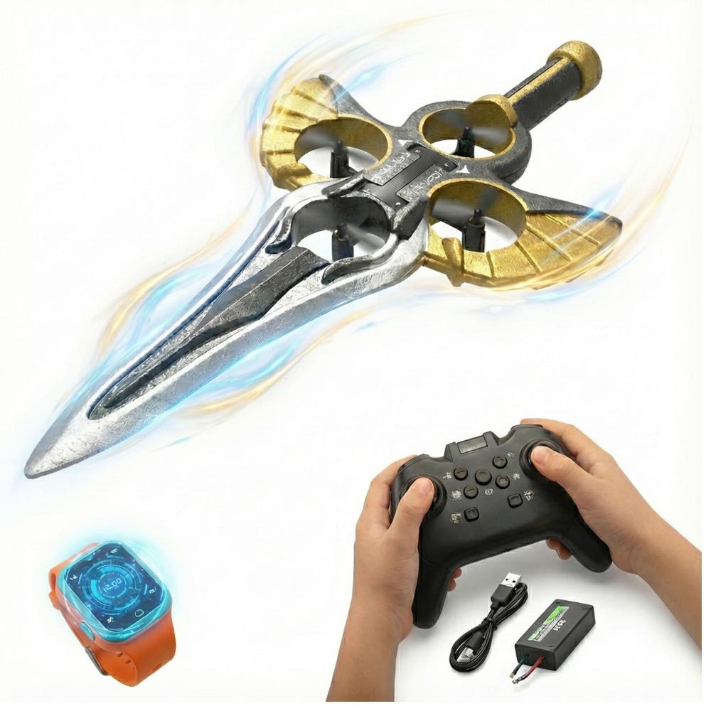Avión Aerojet Dron Diseño Espada Juguete a Control Remoto y Sensor Manual para Niños con Accesorios