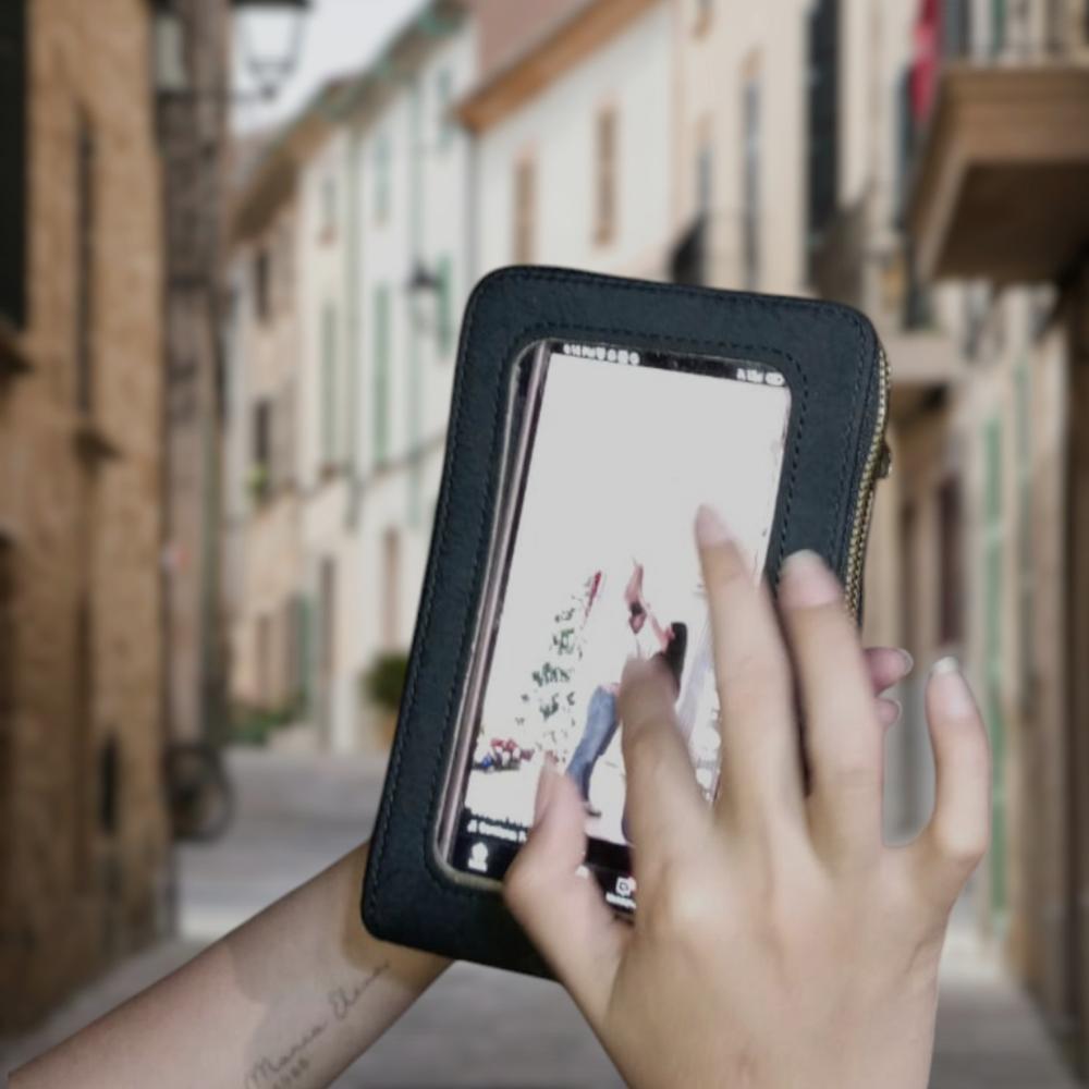 Bolso Porta celular Negro 3 compartimientos y Tactil para Celular