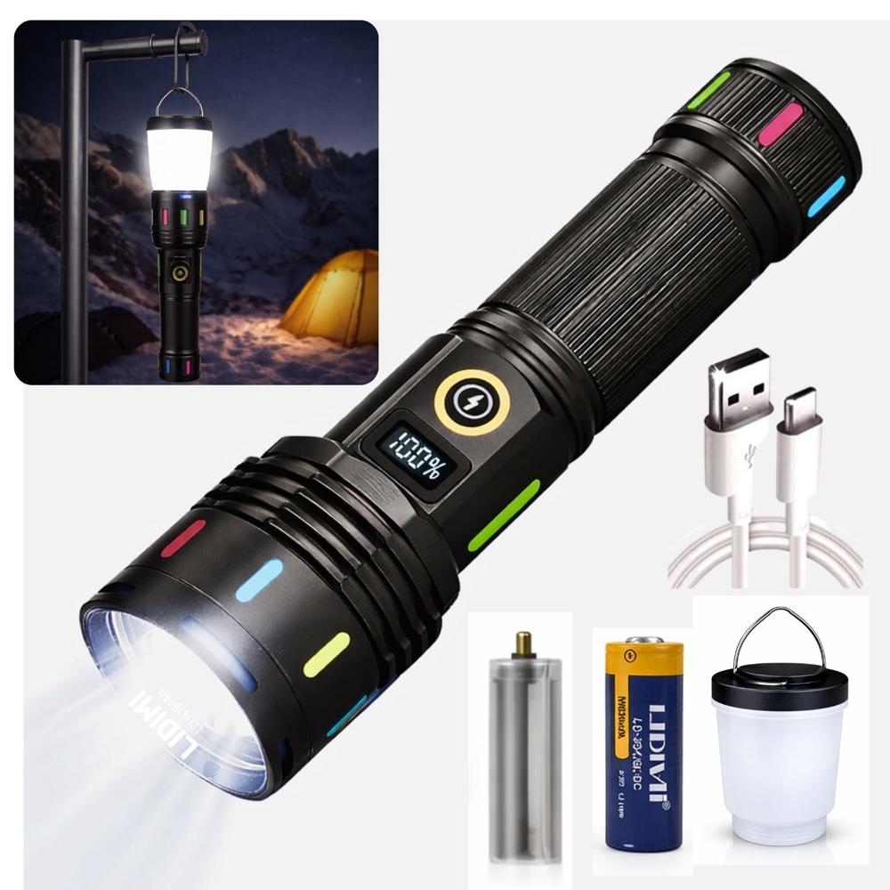 Linterna Táctica LED 30W Recargable USB con Batería 26650 y Función Lámpara de Campamento