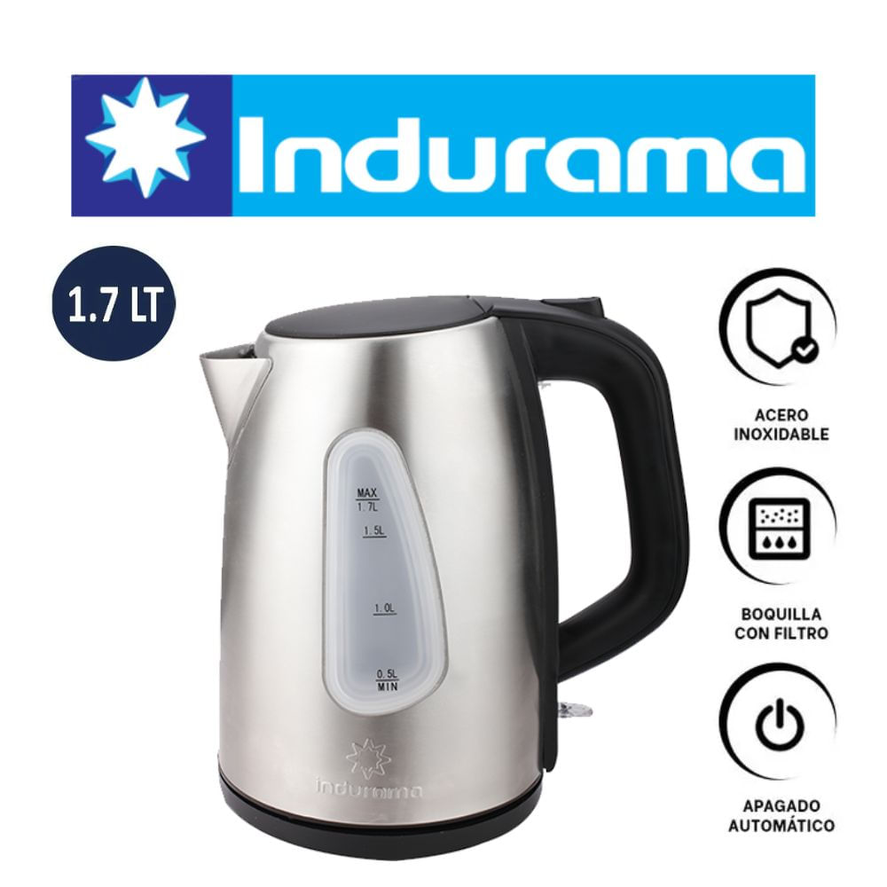 HERVIDOR INDURAMA HI-INX 1.7 LITROS ACERO INOXIDABLE BASE CON CABLE VISOR NIVEL AGUA LUZ INDICADORA