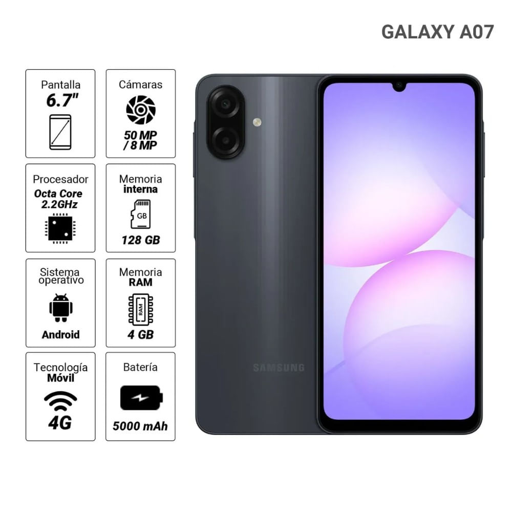 Celular Samsung Galaxy A07 4GB RAM 128GB - Negro