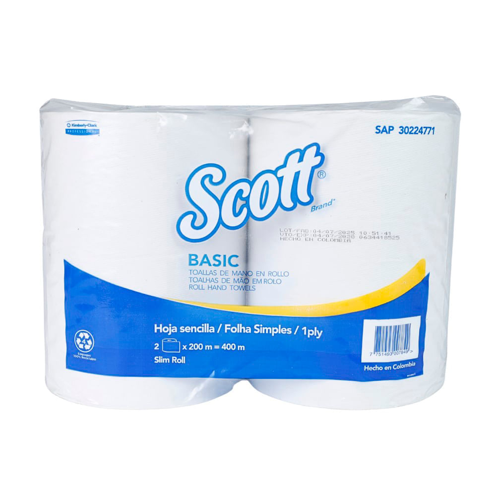 Papel Toalla Rollo Scott Blanco 2 rollos x 200m