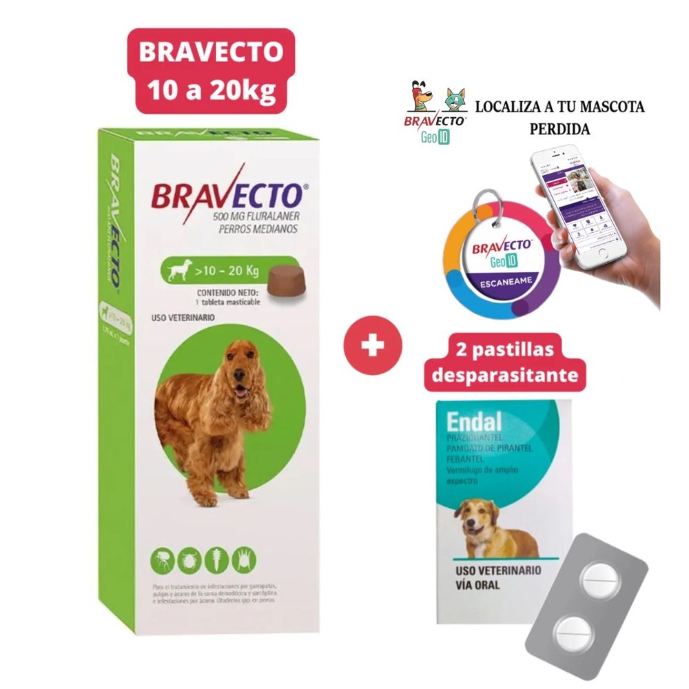 Combo Antipulga Bravecto 10-20kg más Gratis Geolocalizador y Endal Plus Combo Antipulga Bravecto 10-20kg más Gratis Geolocalizador y Endal Plus