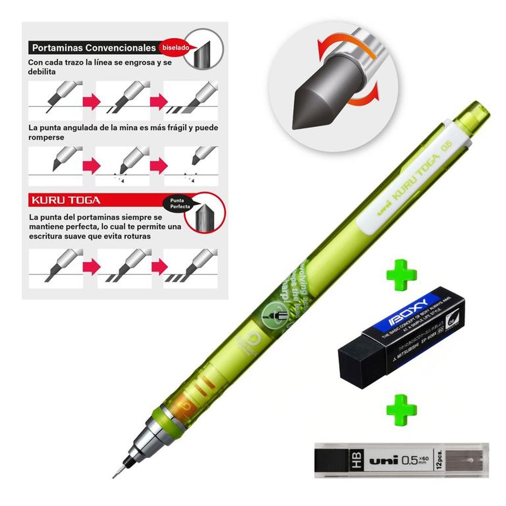 UNI Kurutoga Portaminas auto-tajable Verde mas Borrador Boxy y Minas HB UNI Kurutoga Portaminas auto-tajable Verde mas Borrador Boxy y Minas HB