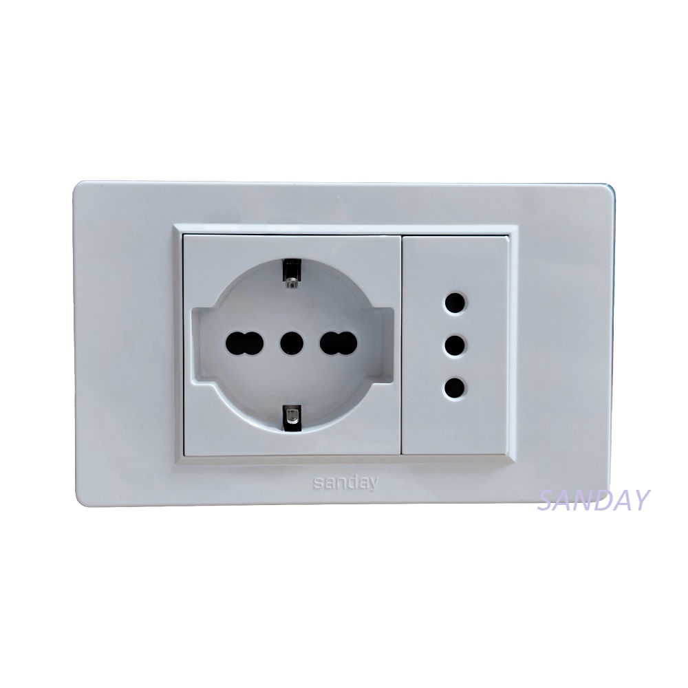 TOMACORRIENTE DOBLE 01 SCHUKO Y 01 3 EN LINEA PLACA BLANCA Y DADOS BLANCOS SANDAY TOMACORRIENTE DOBLE 01 SCHUKO Y 01 3 EN LINEA PLACA BLANCA Y DADOS BLANCOS SANDAY