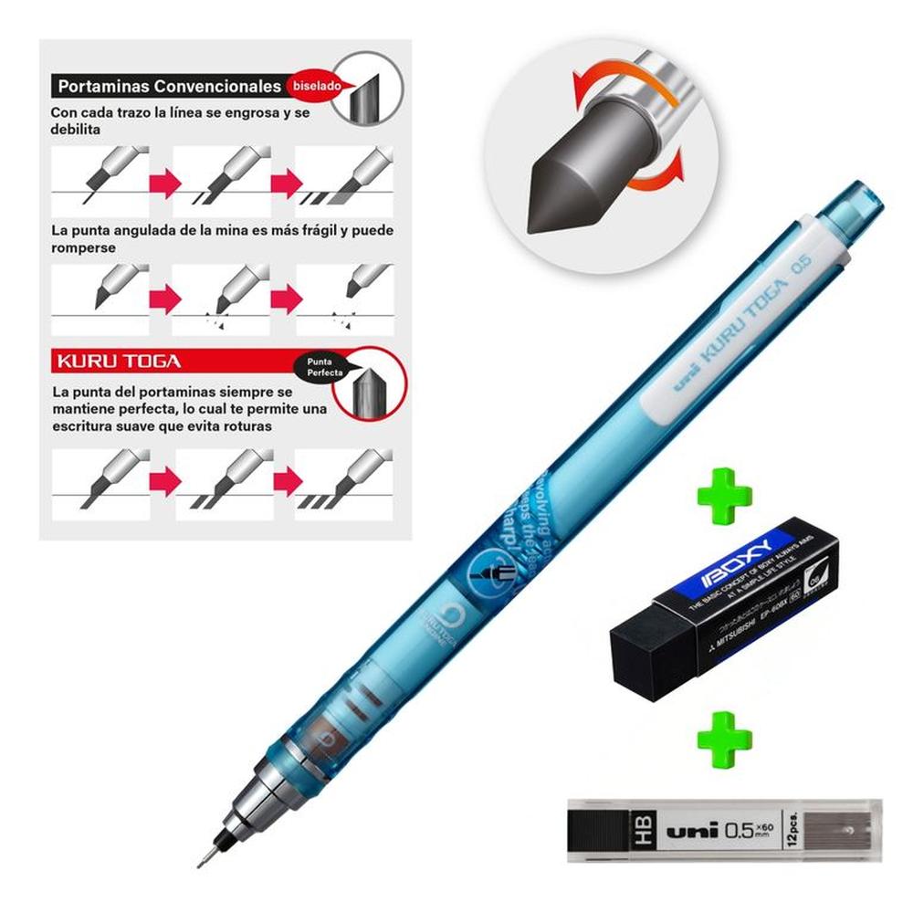UNI Kurutoga Portaminas auto-tajable Celeste mas Borrador Boxy y Minas HB UNI Kurutoga Portaminas auto-tajable Celeste mas Borrador Boxy y Minas HB