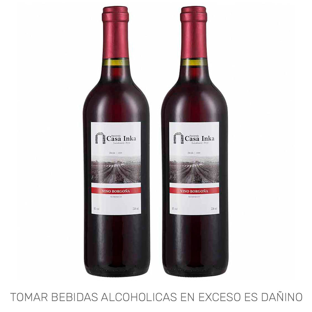 Pack HACIENDA CASA INKA Vino Tinto Borgoña Botella 750ml Paquete 2un Pack HACIENDA CASA INKA Vino Tinto Borgoña Botella 750ml Paquete 2un